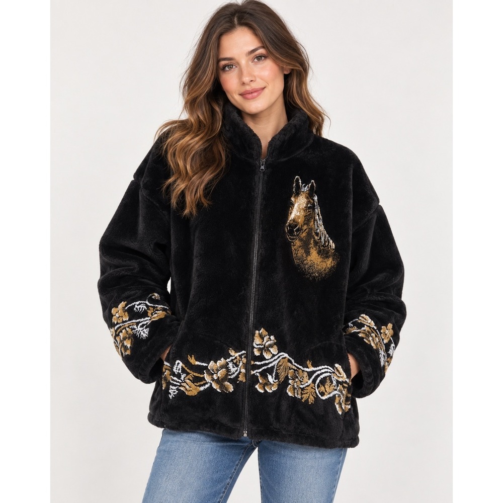 Natural Reflections Horse Fleece Jacket Women XL Black Faux Fur Western Boho USA